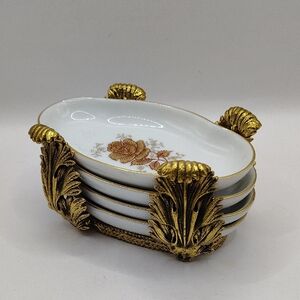 Vintage Elegant Gold and White Decorative Small Trinket, Nut Plates With Holder